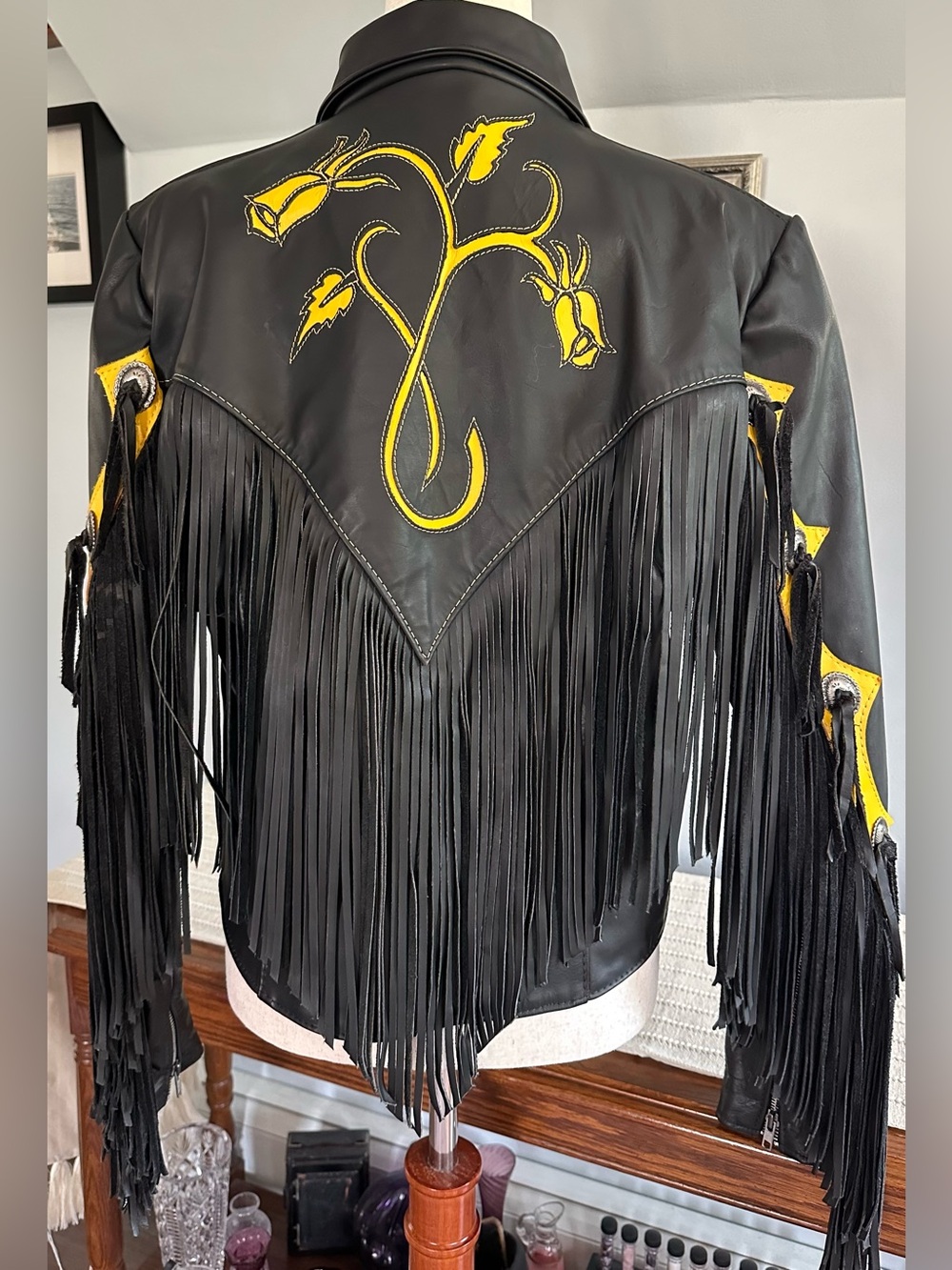Vintage 90s Gypsy Leather Fringe Jacket Vest Set Yellow Rose Western Biker 14